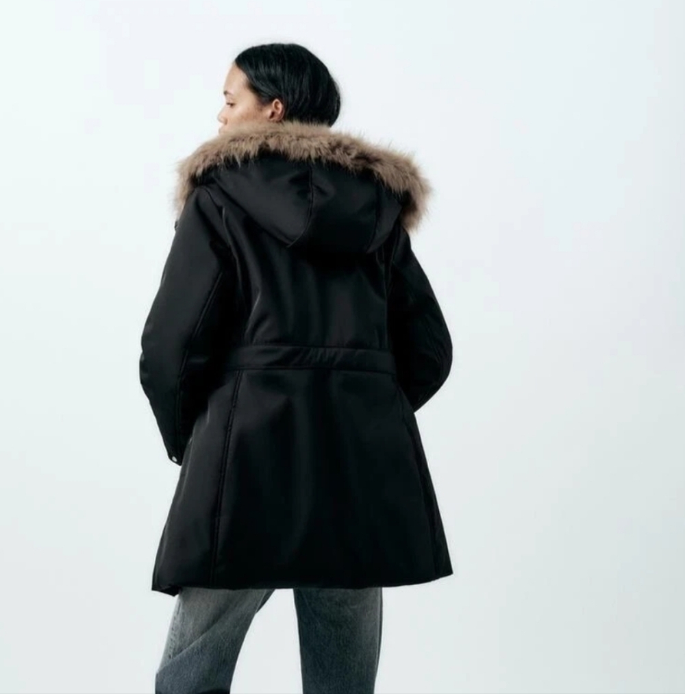 Women's Black Parka Coat with Faux Fur Trim Hood
